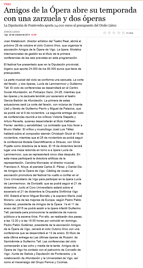 Presentación Temporada. Publicada en La Voz de Galicia