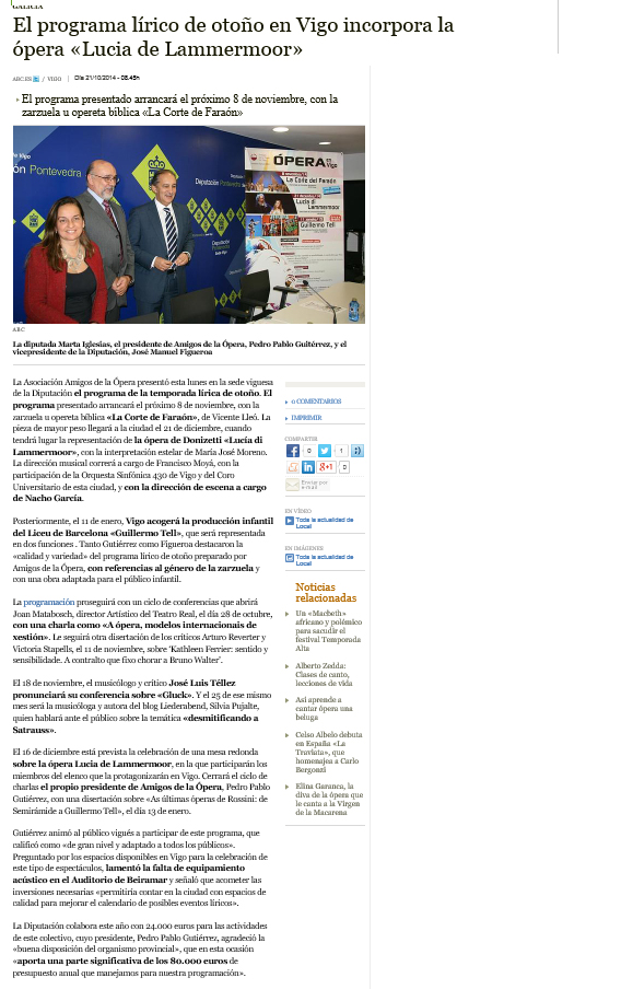 Presentación Temporada «Otoño Lírico». Publicado en ABC