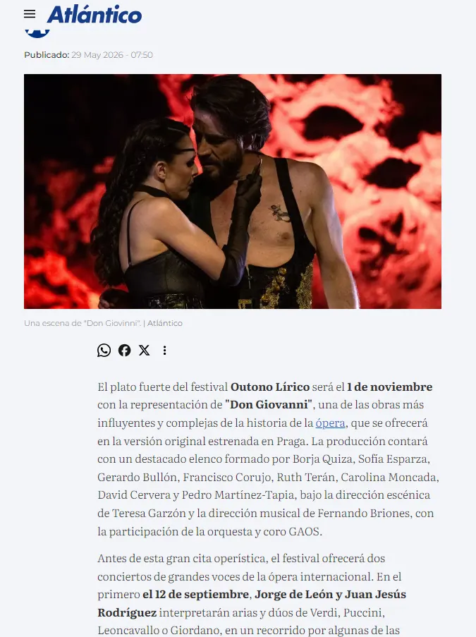 Atlántico Diario recoge la presentación del Otoño Lírico de Vigo 2026 con Don Giovanni como plato fuerte