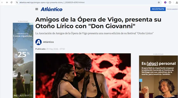 Atlántico Diario recoge la presentación del Otoño Lírico de Vigo 2026 con Don Giovanni como plato fuerte