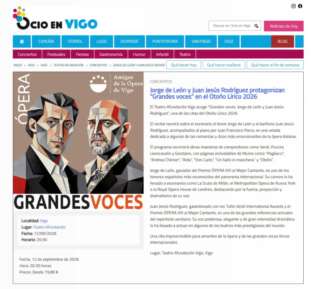 Ocio en Vigo recoge el recital Grandes Voces del Otoño Lírico 2026 con Jorge de León y Juan Jesús Rodríguez