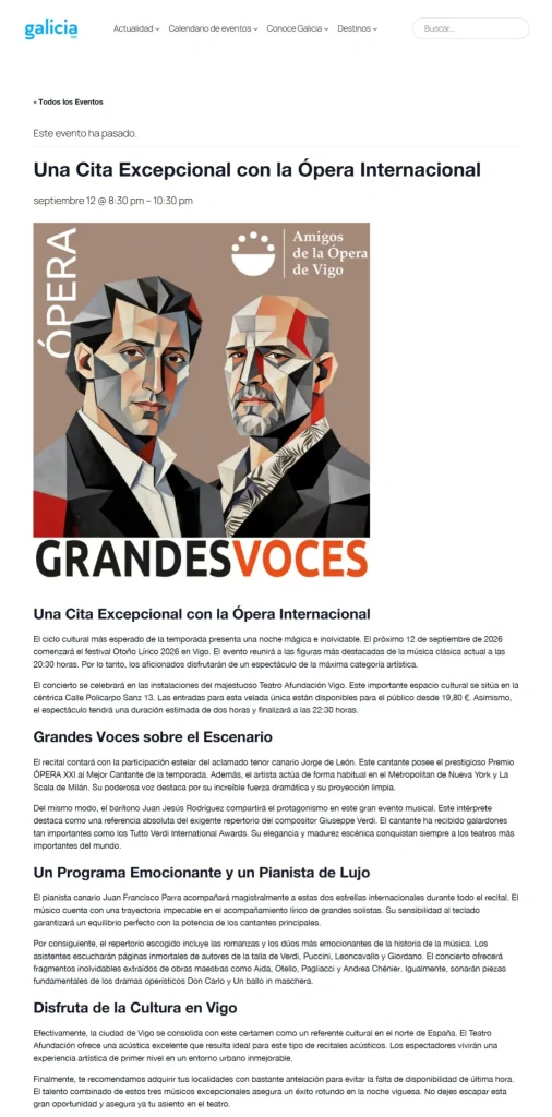 Galicia.info recoge el recital Grandes Voces del Otoño Lírico de Vigo 2026 en su calendario de eventos