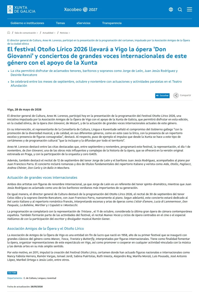 La Xunta de Galicia respalda el Otoño Lírico de Vigo 2026 con Don Giovanni y Grandes Voces internacionales
