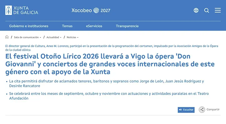La Xunta de Galicia respalda el Otoño Lírico de Vigo 2026 con Don Giovanni y Grandes Voces internacionales