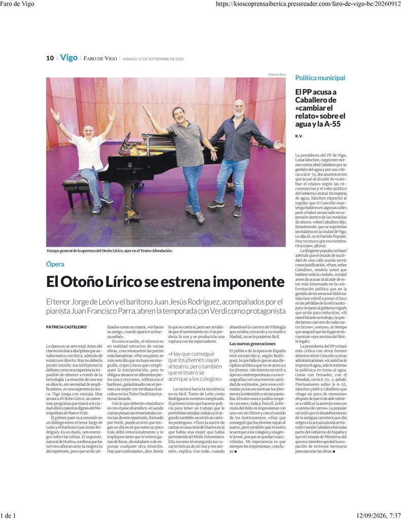 Faro de Vigo: «El Otoño Lírico se estrena imponente» con Jorge de León y Juan Jesús Rodríguez