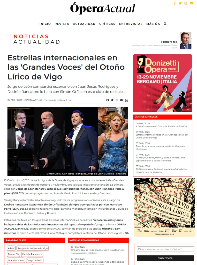 Estrellas internacionales en las 'Grandes Voces' del Otoño Lírico de Vigo