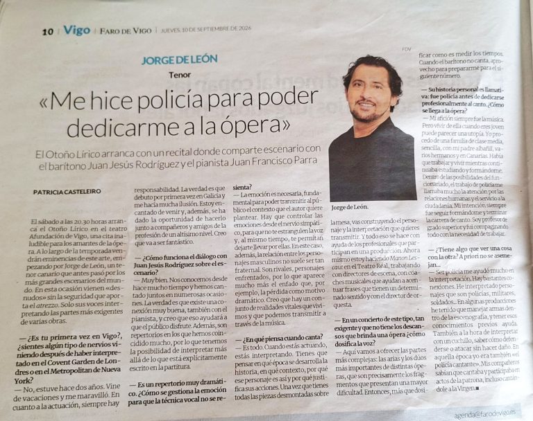 Faro de Vigo entrevista a Jorge de León antes de su debut en Galicia con el Otoño Lírico