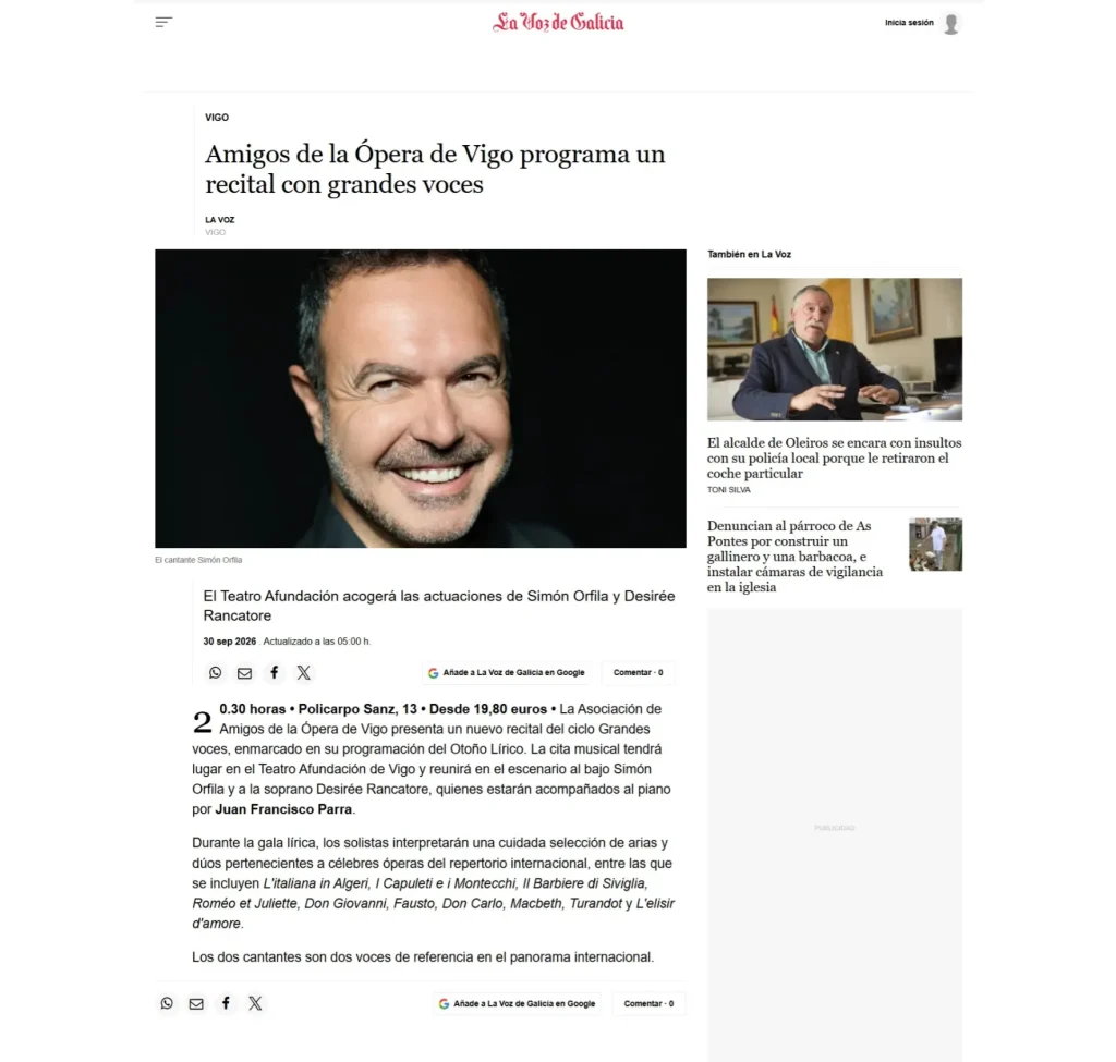 Amigos de la Ópera de Vigo programa un recital con grandes voces