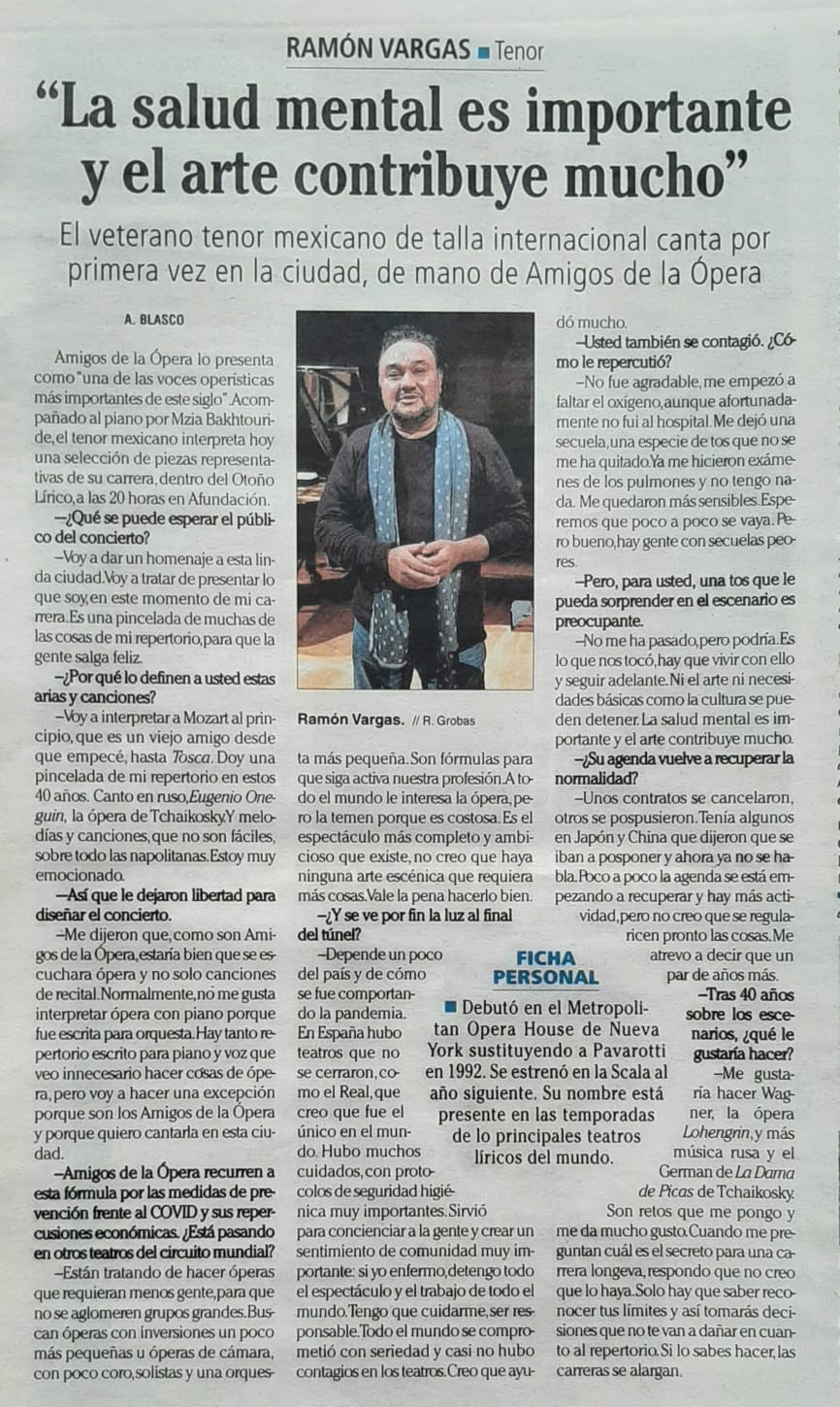 Faro de Vigo. Entrevista a Ramón Vargas