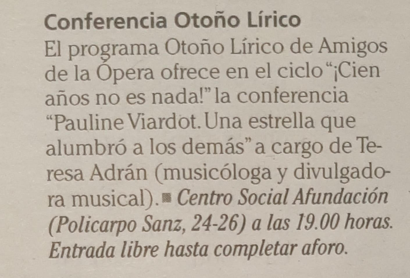 Faro de Vigo. Conferencia "Pauline Viardot. Una estrella que alumbró a los demás"